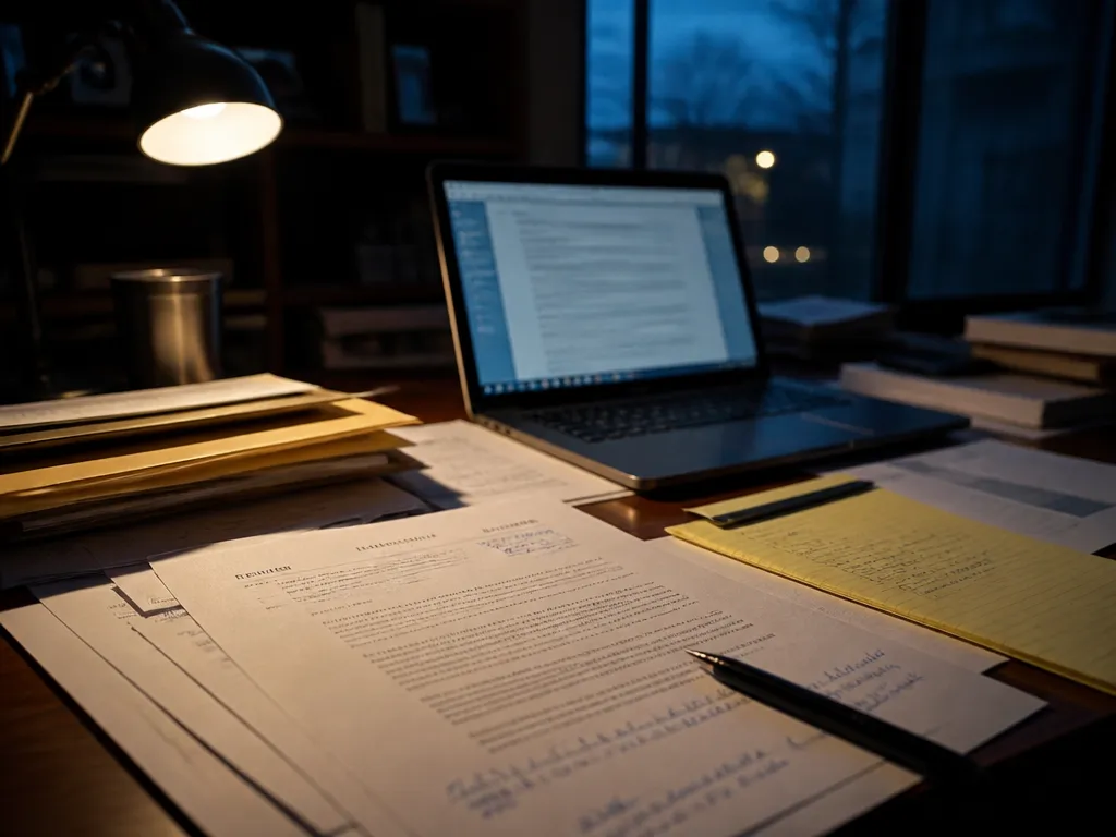 A photorealistic overhead shot of a cluttered home office desk at dusk, an open…