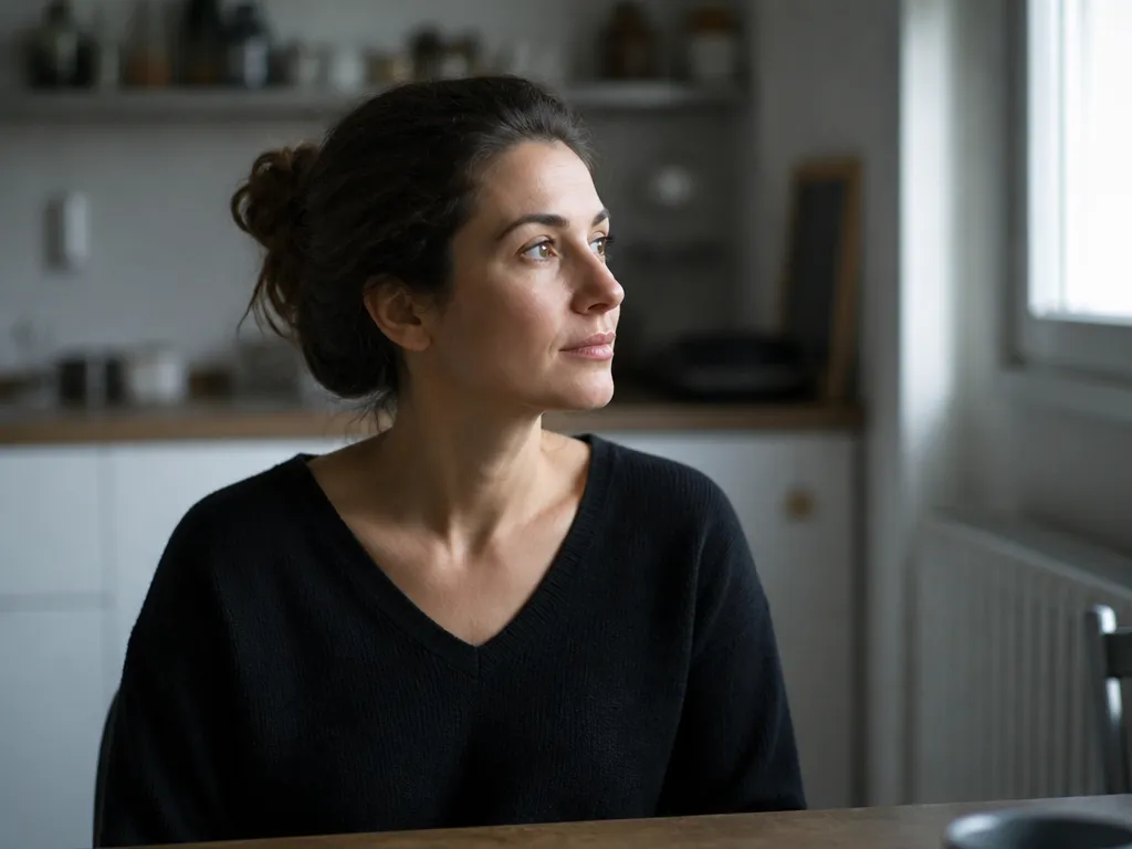 A photorealistic environmental portrait of a person in their thirties seated alone at a…