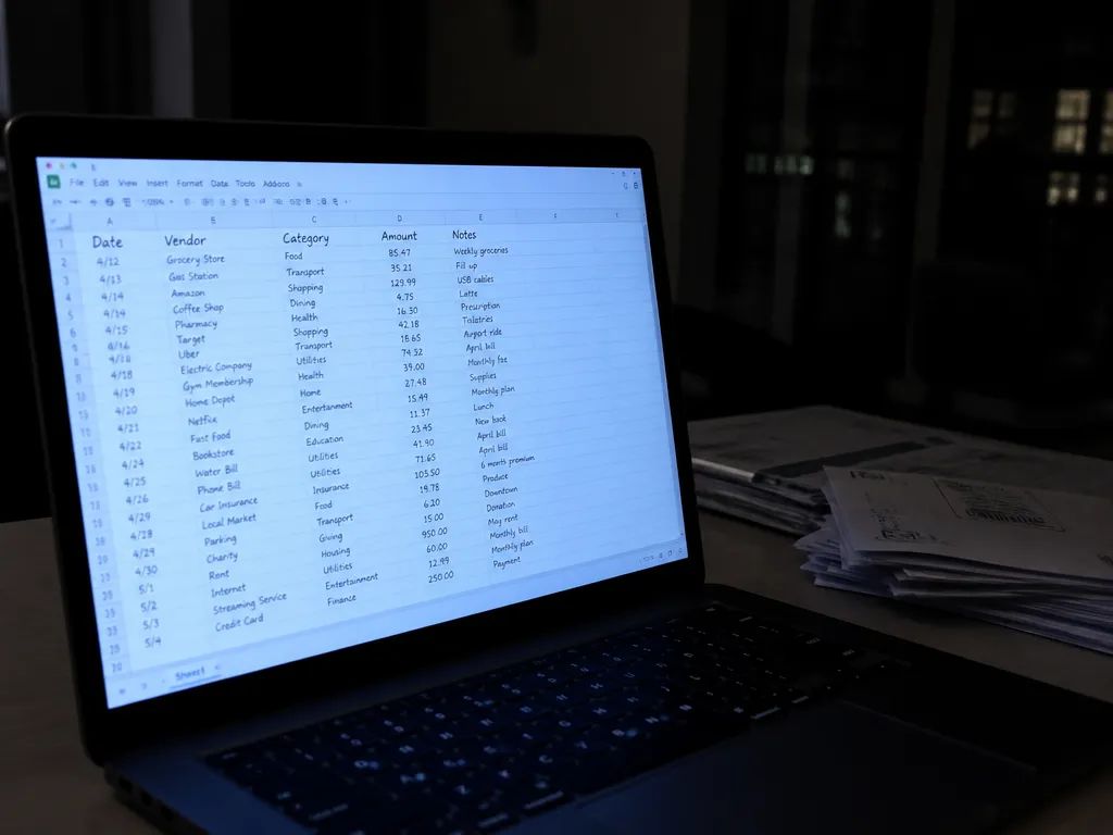 A tight documentary photograph of a laptop screen displaying a plain spreadsheet, shot slightly…