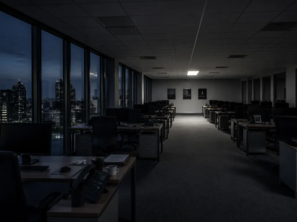 A wide, quiet corporate photograph of an empty open-plan office floor at dusk: rows…
