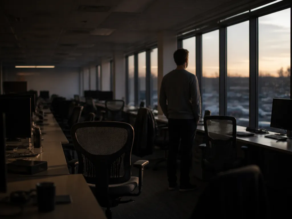 Photorealistic editorial photograph of a nearly empty open-plan tech office at dusk, shot on…