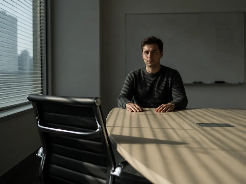 A dimly lit modern conference room in a Boston office tower, photographed at eye…