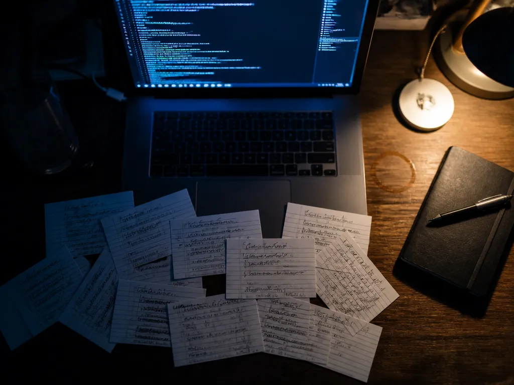 Tight overhead photograph of a cluttered desk at night, no people in frame: a…