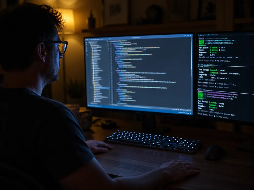 A photorealistic over-the-shoulder photograph of a person seated at a home desk in a…