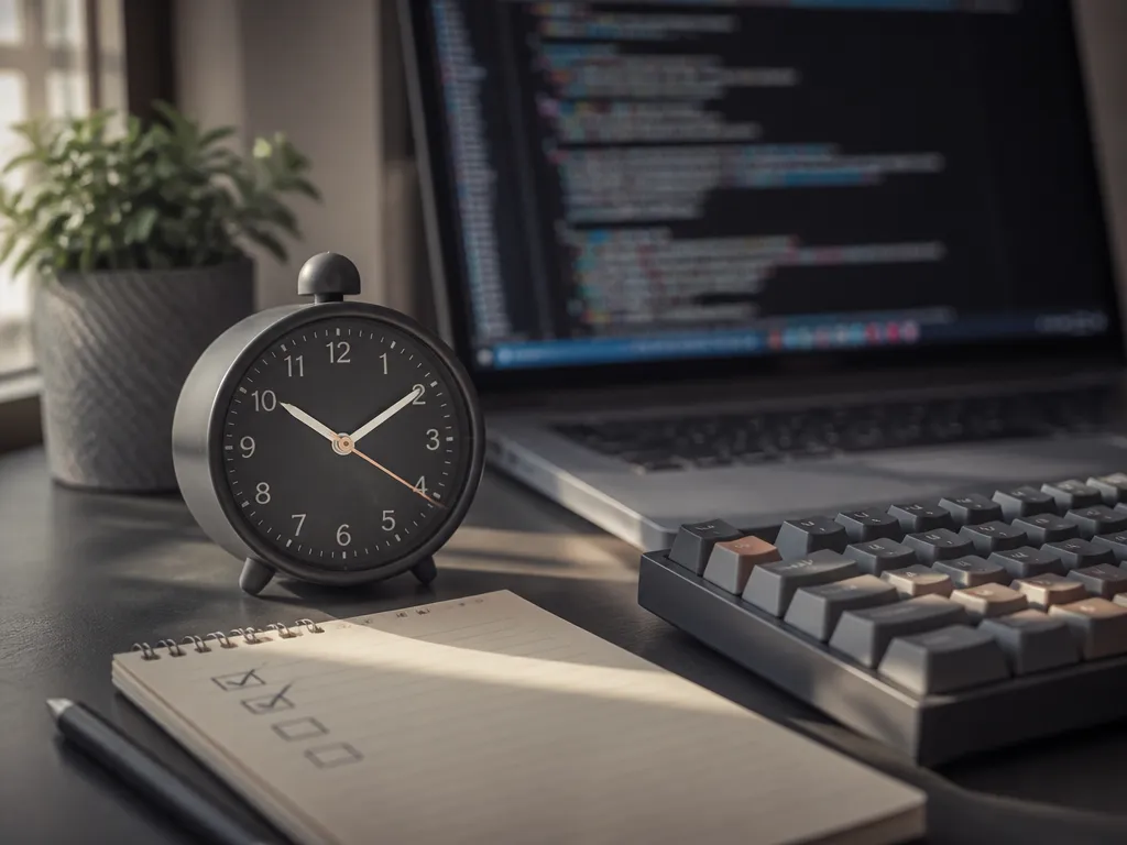 A photorealistic close-up photograph of an empty modern workspace shot from a low three-quarter…