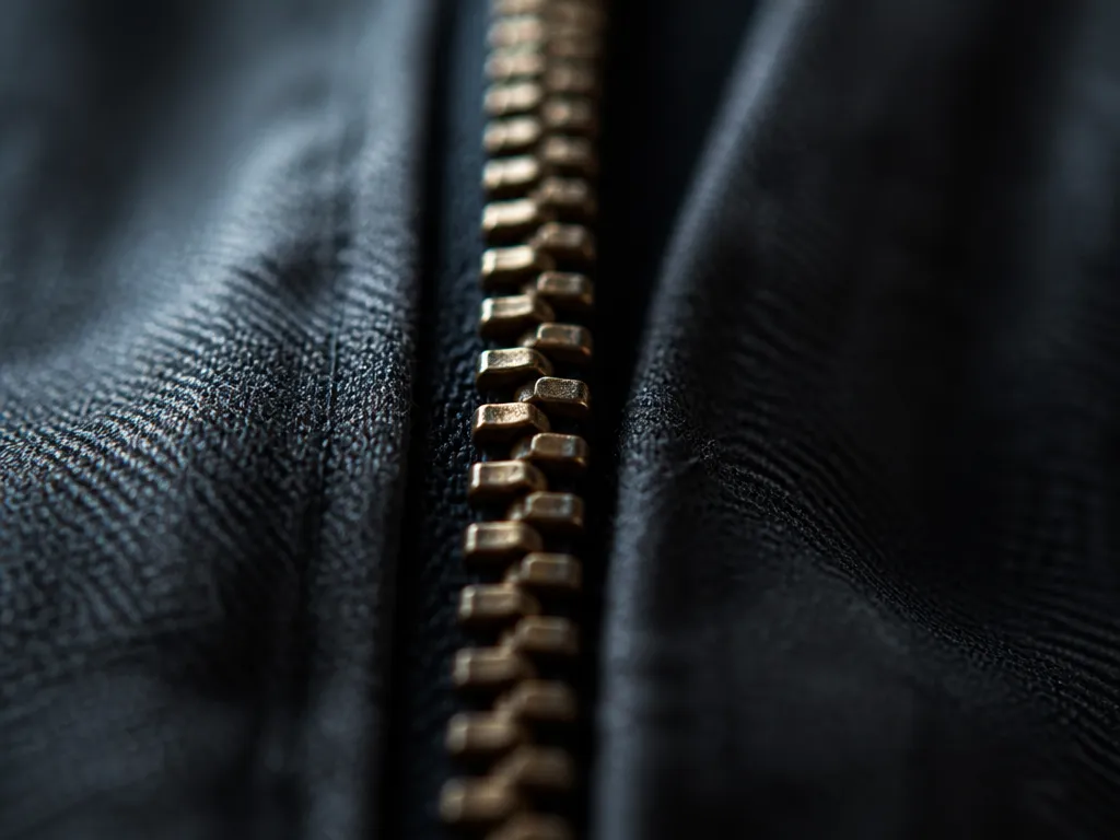 A close-up photorealistic photograph of two interlocking rows of brass zipper teeth on a…