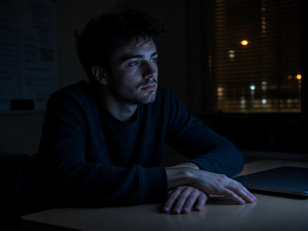 A photorealistic environmental portrait of a young software engineer sitting alone at a desk…