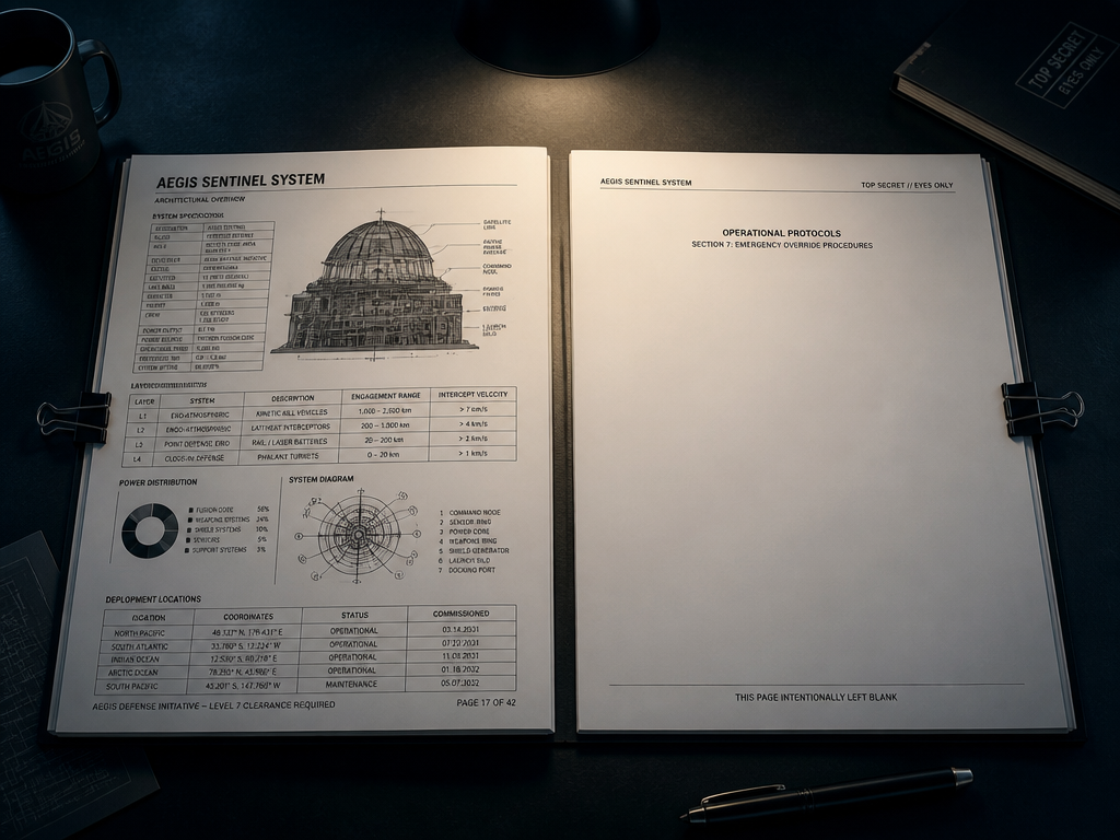 Two open technical documents lying side by side on a dark matte desk under…