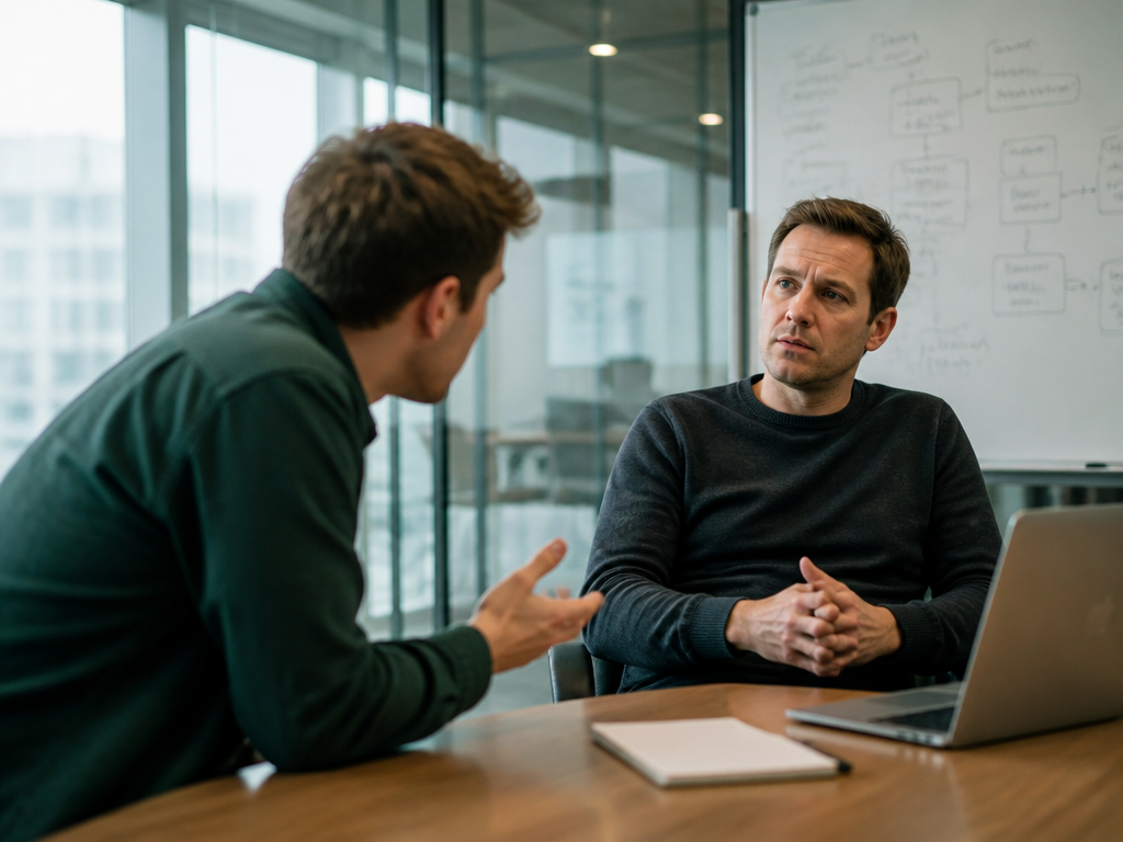 A tense small-team review meeting in a glass-walled conference room, a junior engineer leaning…