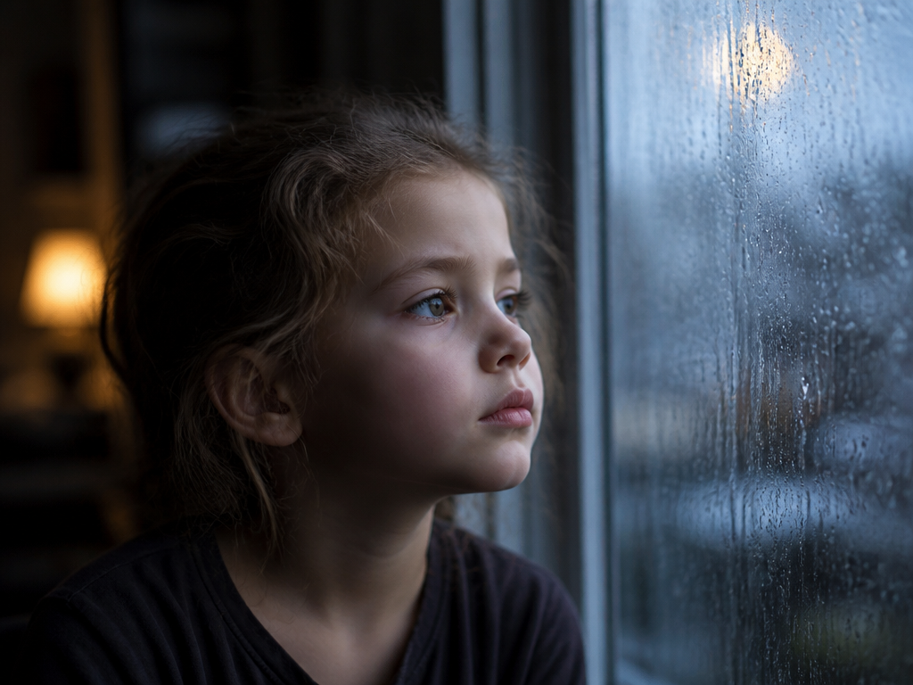 A photorealistic close-up portrait of a thoughtful young child gazing out of a rain-streaked…