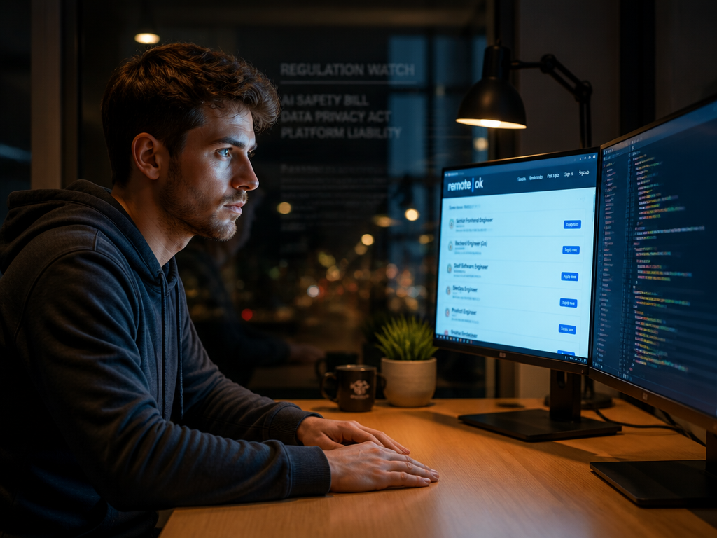 A photorealistic environmental portrait of a focused young software engineer seated alone at a…