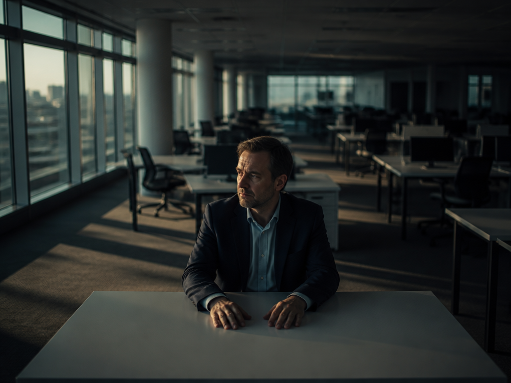 A solitary middle-aged office worker sits at an empty desk in a dim, half-cleared…