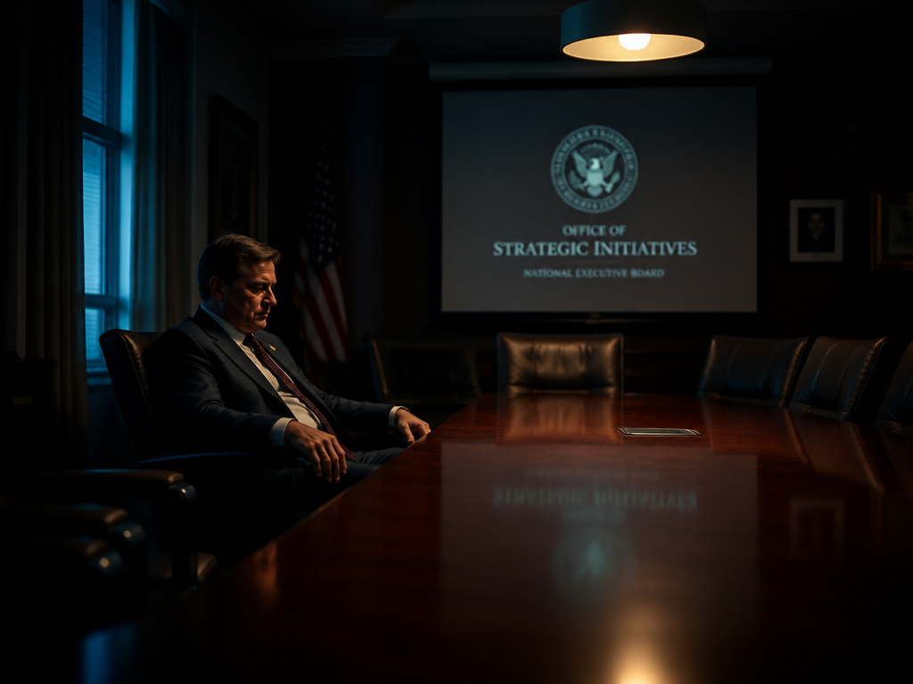 A solitary government official sits alone in a dimly lit conference room after a…