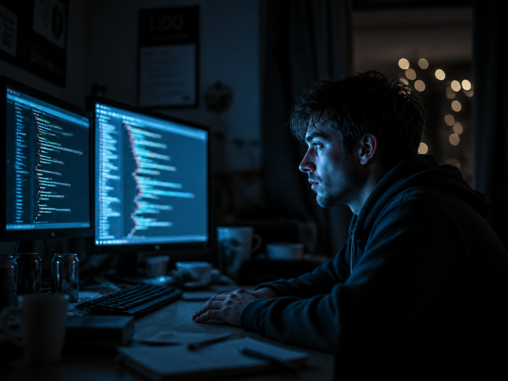 A young male developer sitting alone at a cluttered desk in a dimly lit…