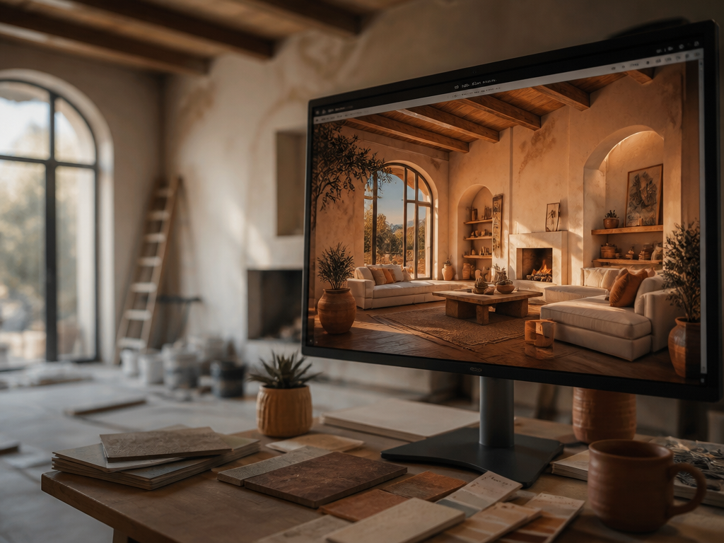 A modern living room mid-transformation, photographed in a high-end interior design studio with a…