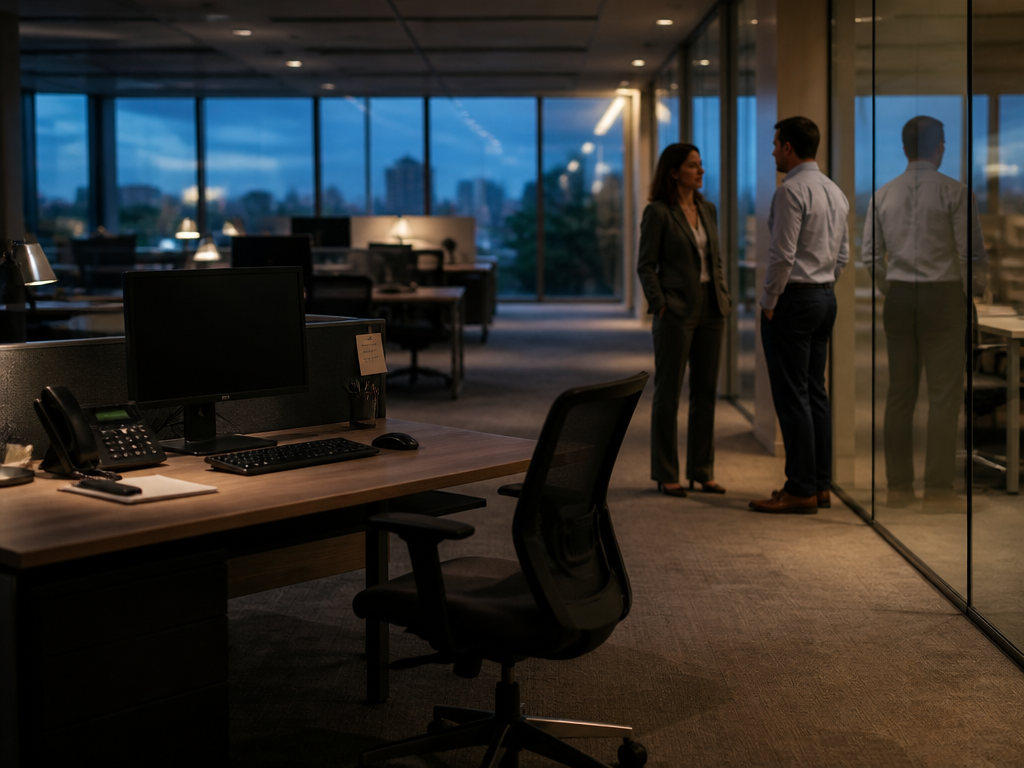 A photorealistic editorial photograph of a quiet modern open-plan office at dusk, captured with…