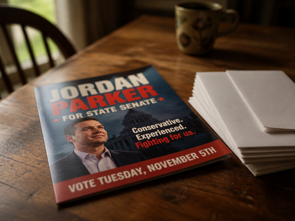 A close-up still life on a worn wooden kitchen table, a glossy heavy-stock political…