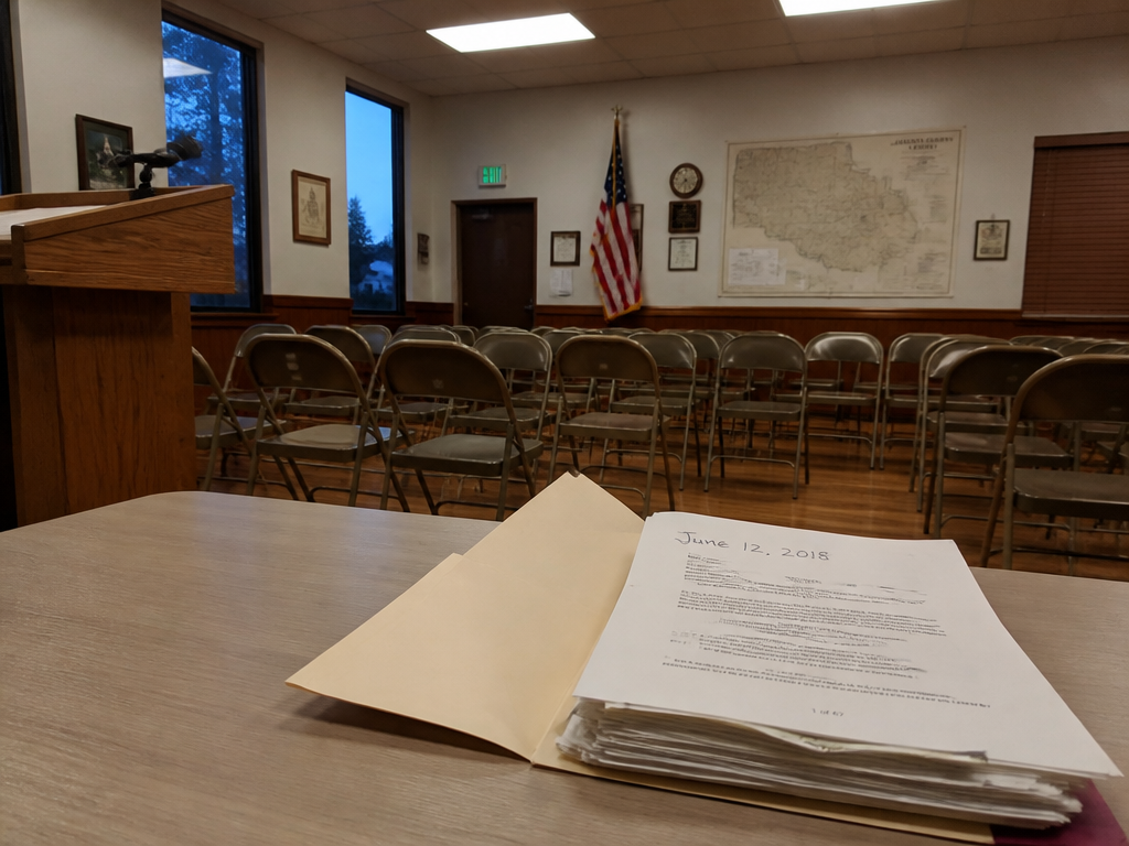A quiet small-town community meeting room in Northern Colorado at dusk, rows of empty…