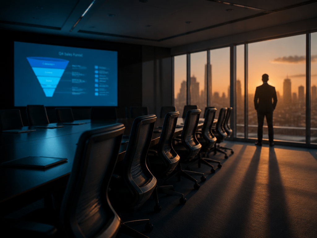 A wide, atmospheric photograph of a vast, empty corporate conference room at dusk, captured…