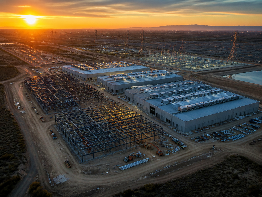 An aerial twilight photograph of a massive data center campus under construction on a…