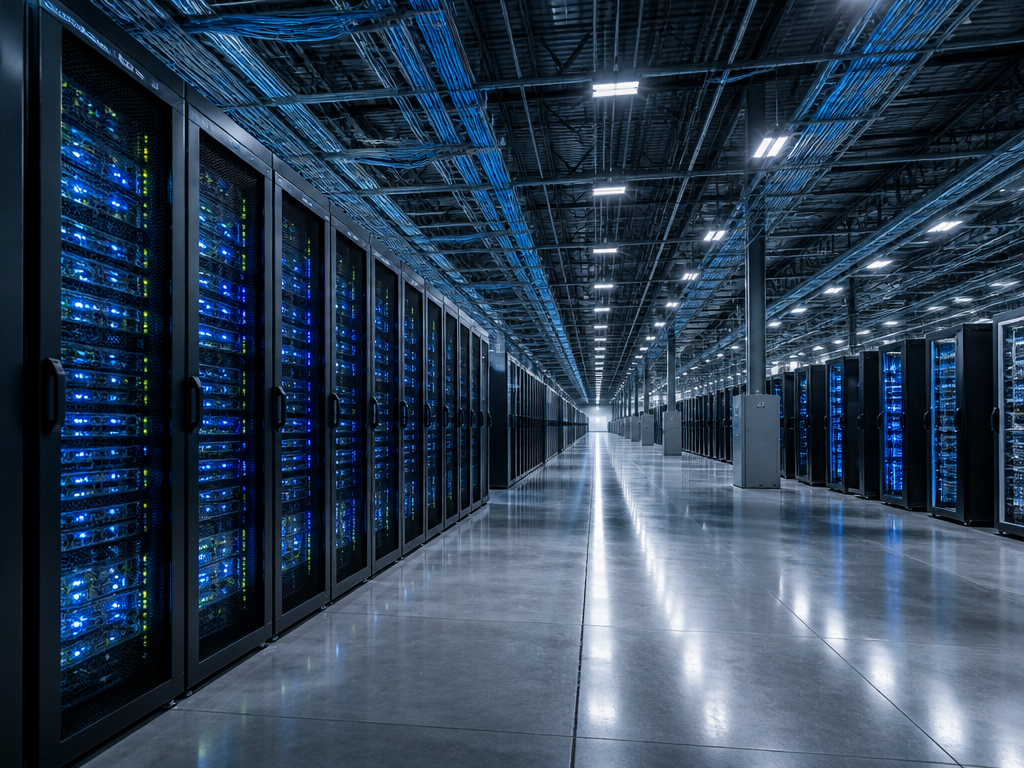 A sprawling hyperscale data center interior photographed in cool blue-white light, endless rows of…