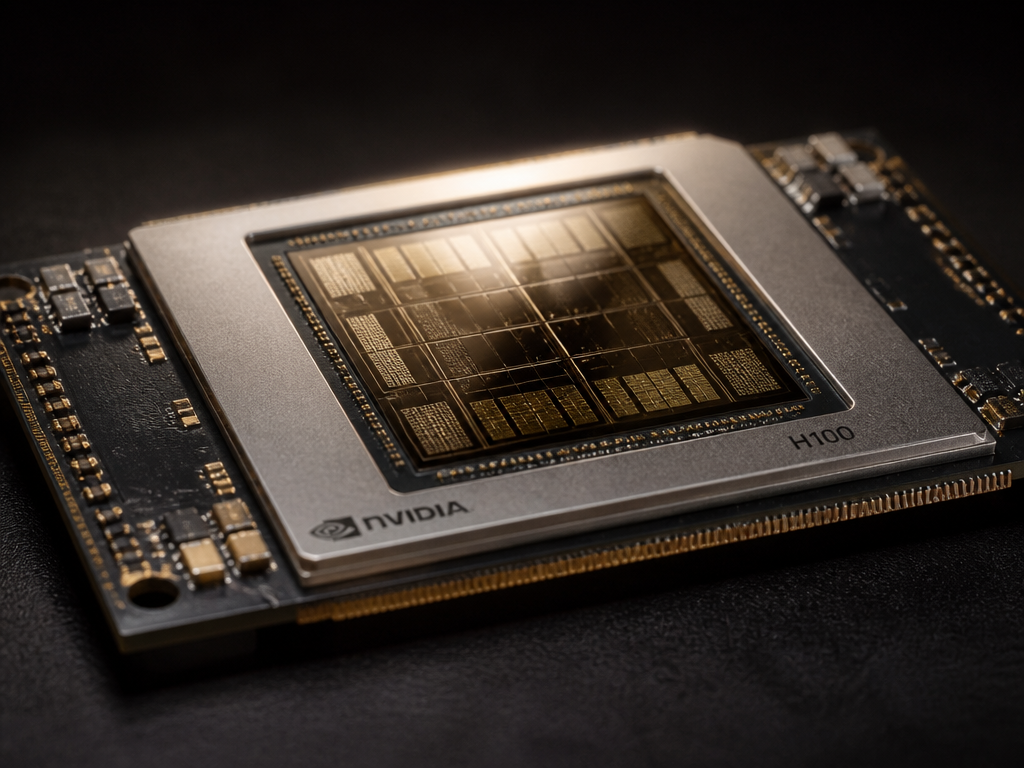 A close-up macro photograph of an advanced AI accelerator chip resting on a dark…