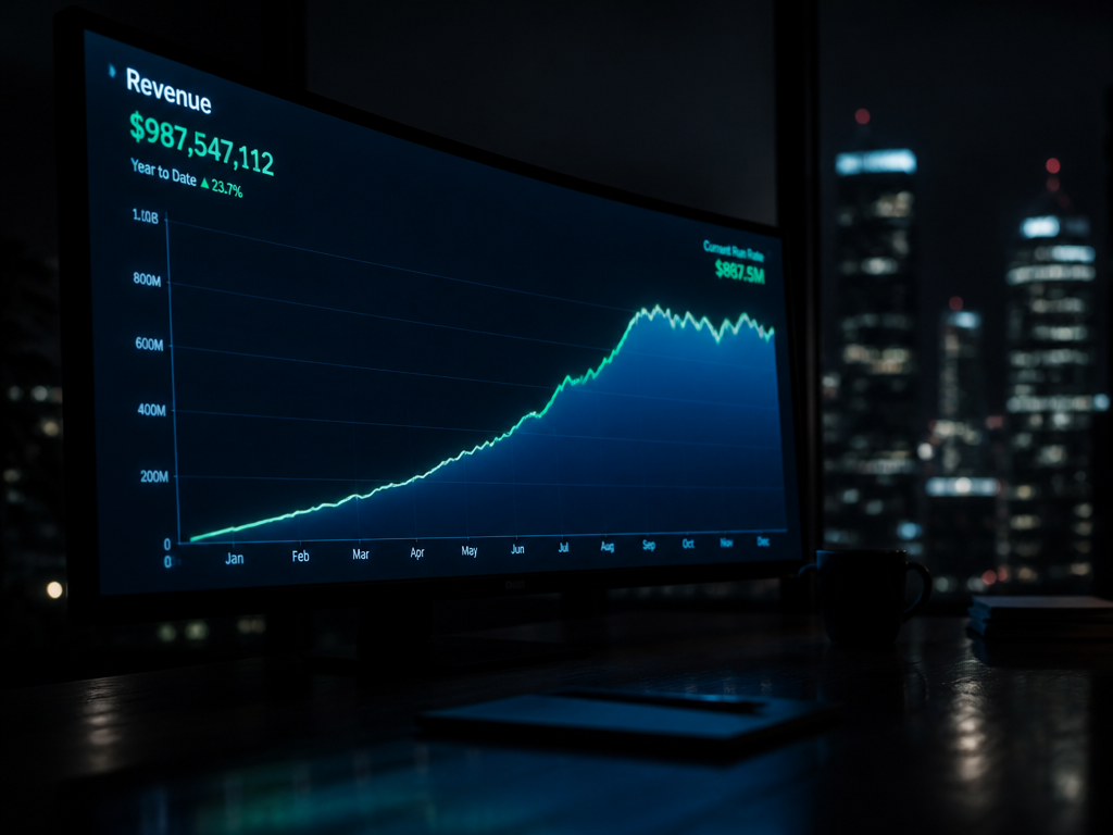 A photorealistic close-up of a large curved financial monitor in a dimly lit corner…