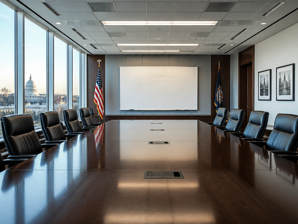 A sleek modern government conference room captured with a wide-angle architectural lens, late afternoon…