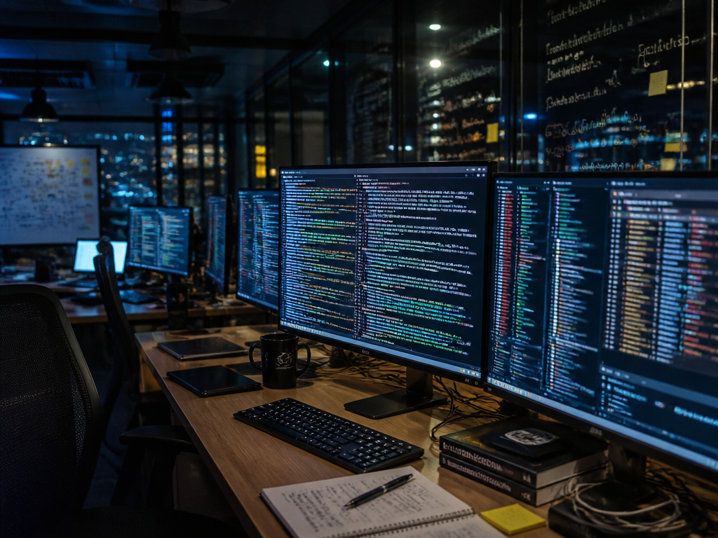 A wide-angle photograph of a dimly lit modern engineering office at night, multiple large…