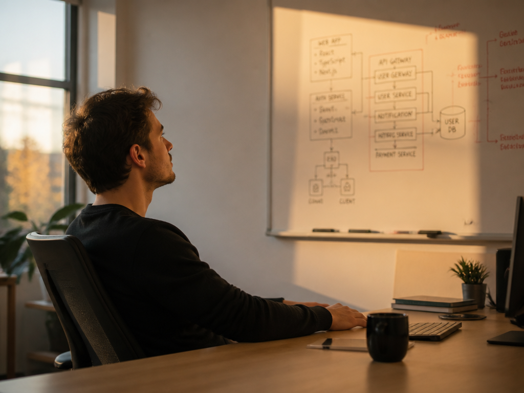 A photograph of a software engineer seated at a minimalist desk in a softly…