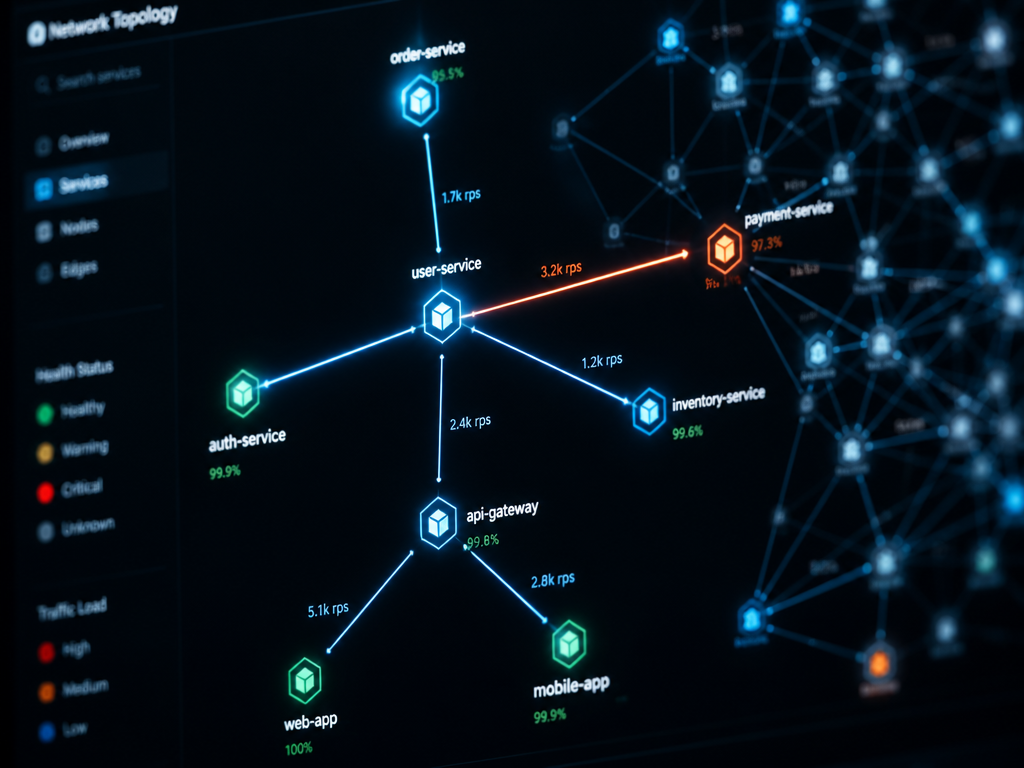 A close-up macro photograph of a complex network topology visualized on a sleek display…