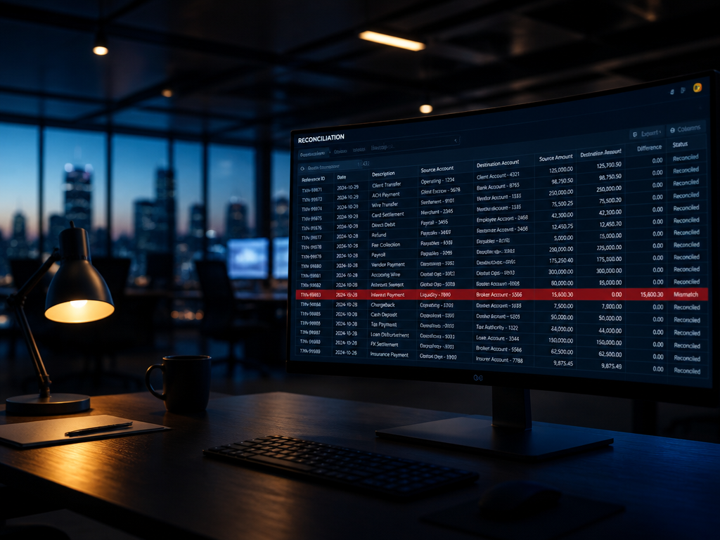 A dramatic wide shot of a modern fintech office at dusk, a single large…