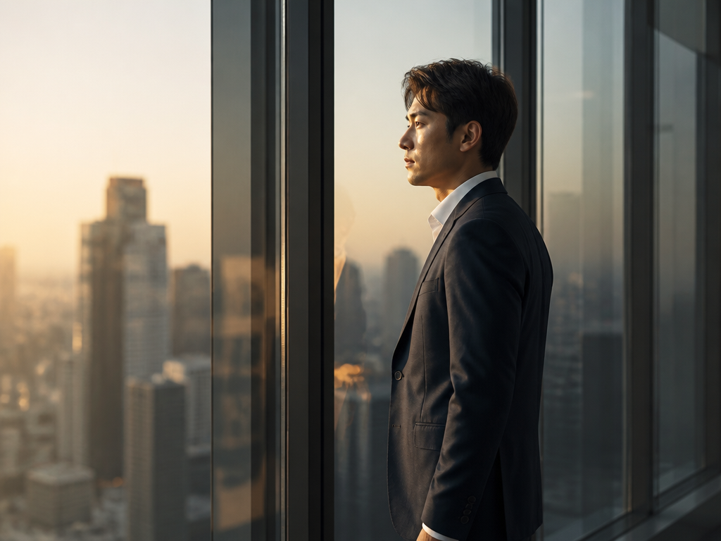 A thoughtful financial analyst standing in profile by a floor-to-ceiling glass wall overlooking a…