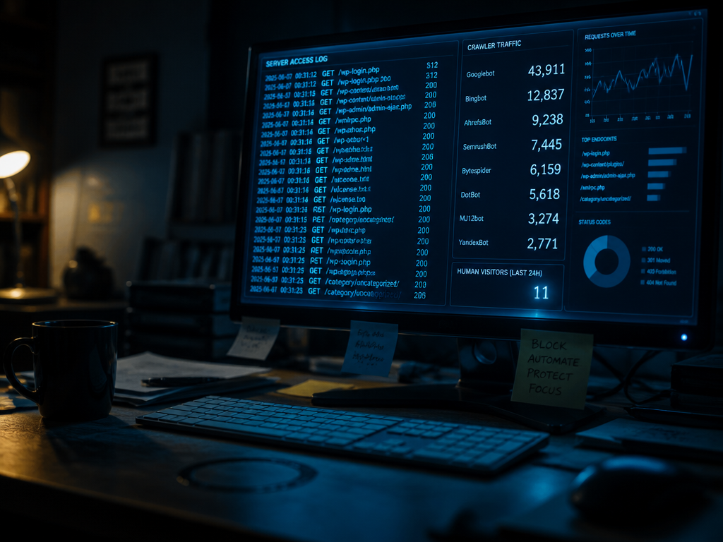 A dramatic close-up of a glowing computer monitor in a dark home office at…