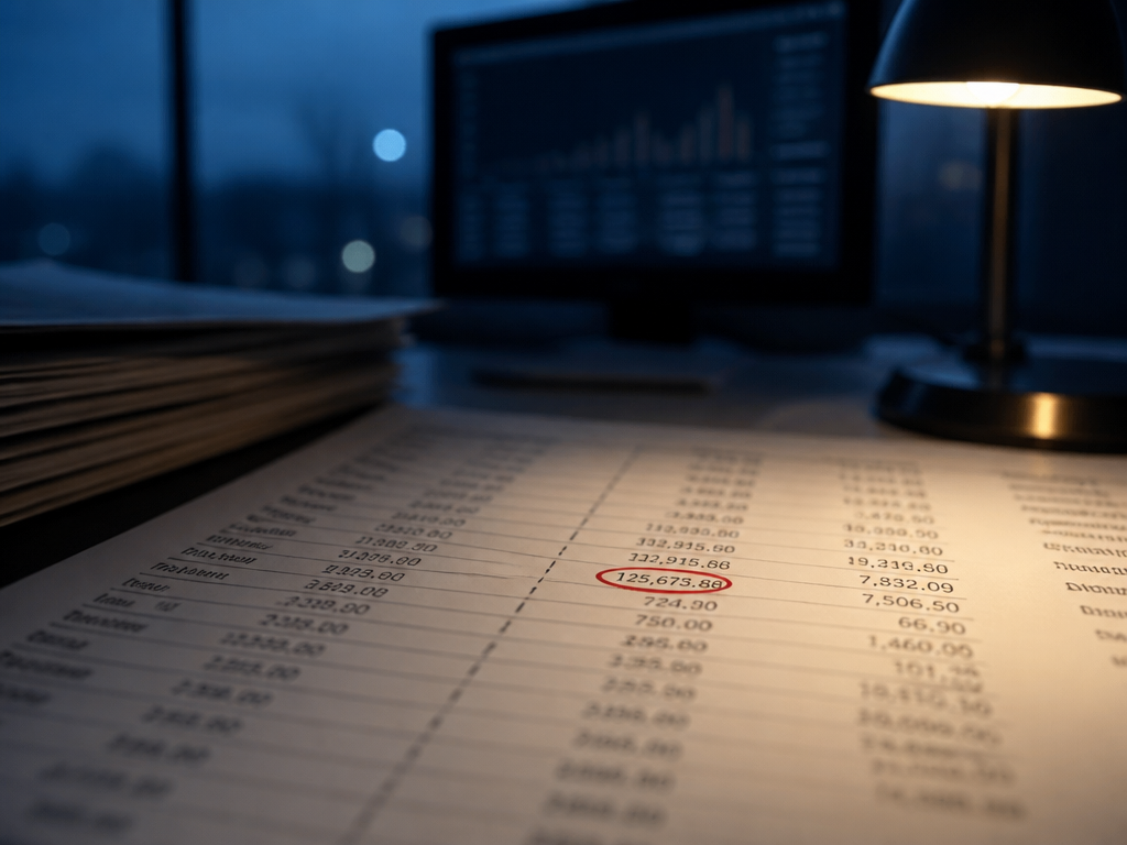A photorealistic close-up of a financial auditor's desk in a quiet corporate office at…