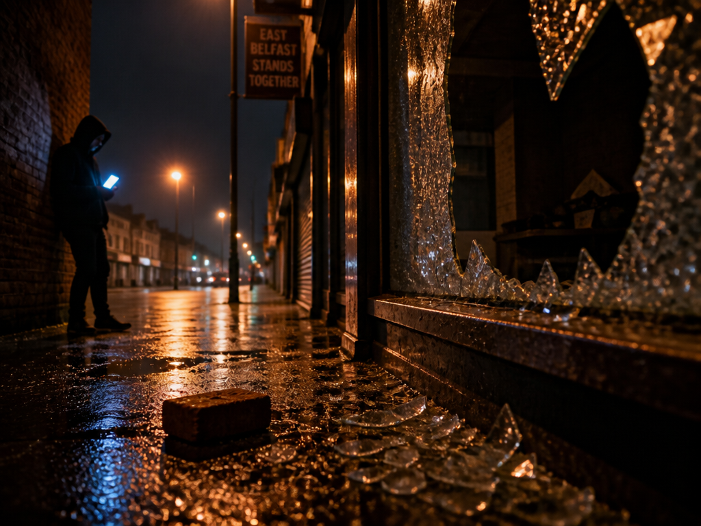 A tense night scene on a rain-slicked Belfast street, shot with a wide-angle lens…