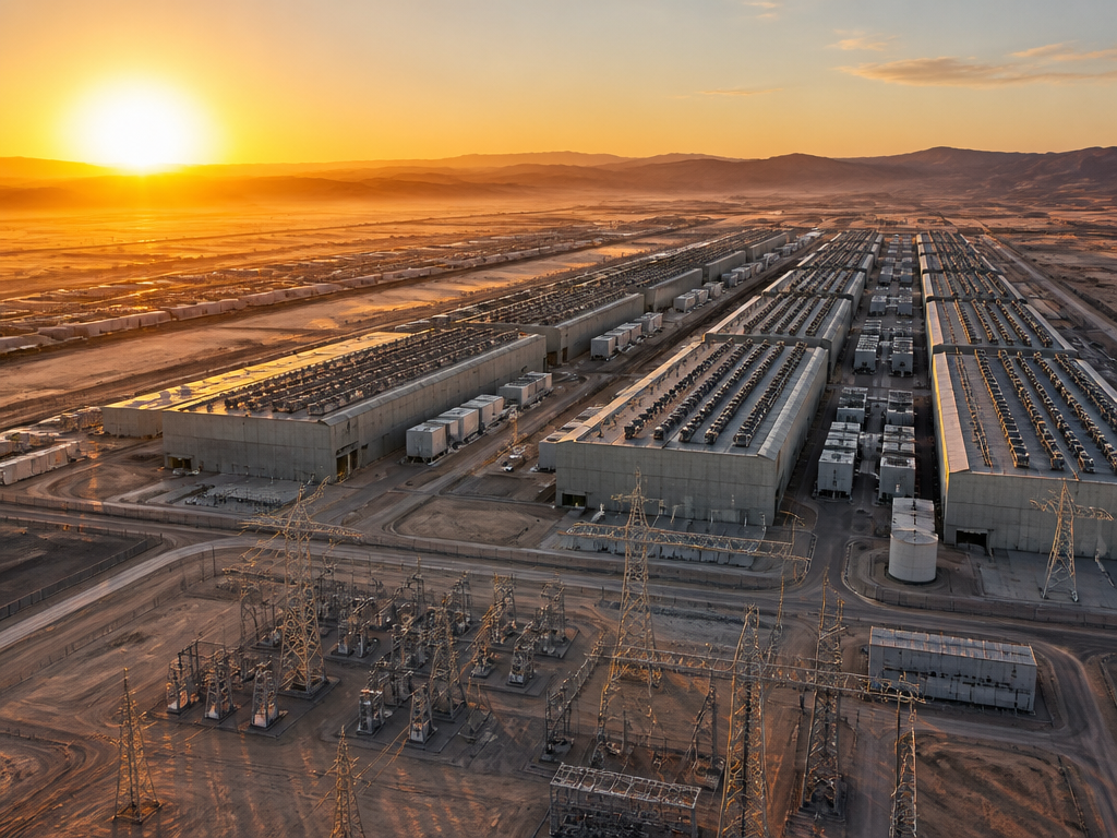 A sprawling hyperscale data center at golden hour in a desert landscape, rows of…
