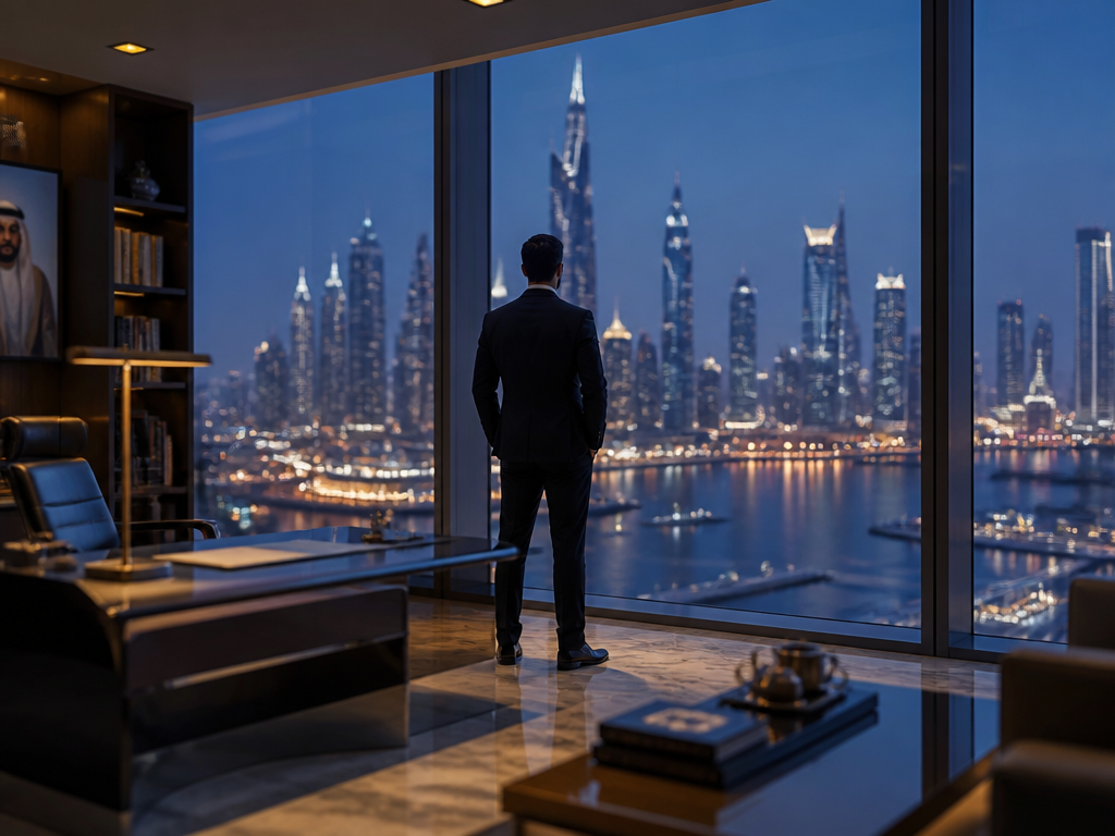 Interior of a modern sovereign investment office at dusk, a single executive in a…