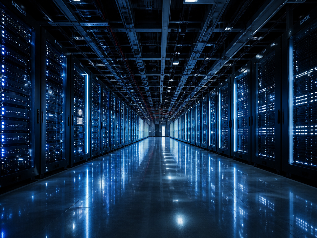 A sweeping wide-angle photograph of a vast modern data center hall stretching into the…