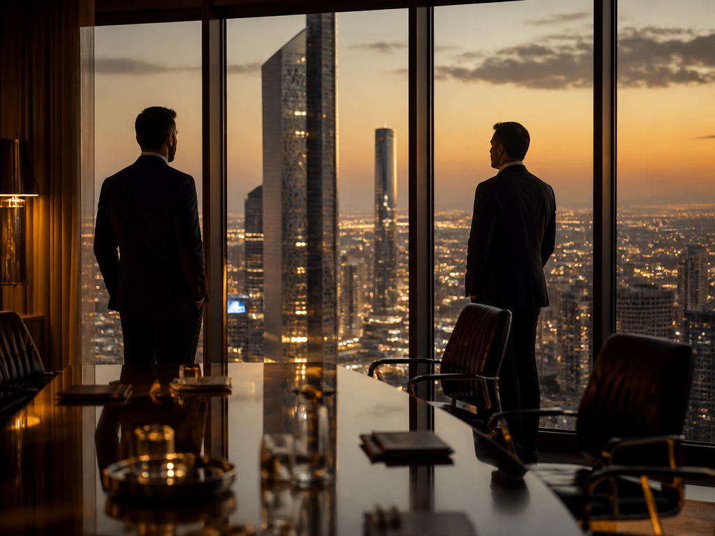An elegant high-rise boardroom at dusk in a Gulf financial district, floor-to-ceiling windows revealing…