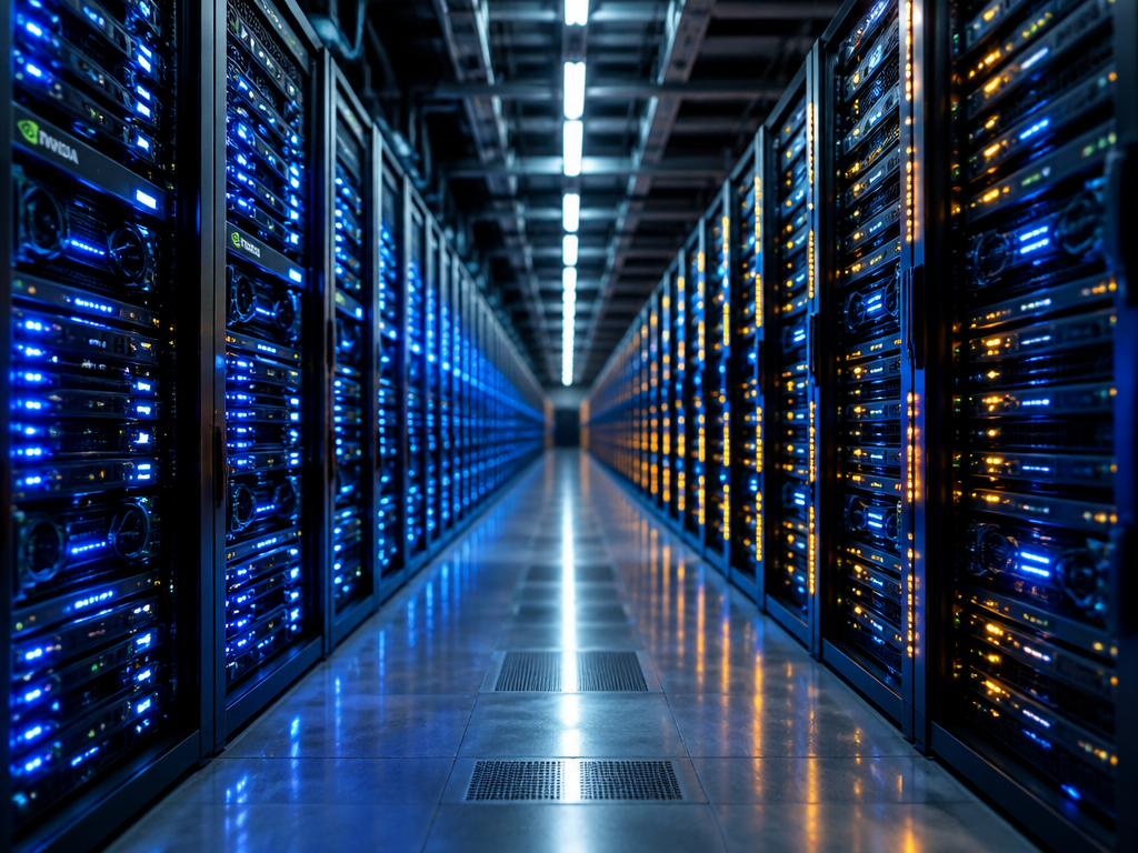 A pristine server room interior with endless rows of glowing blue and amber LED…
