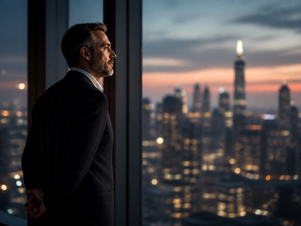 A pensive financial strategist standing alone at a floor-to-ceiling window of a high-rise office…