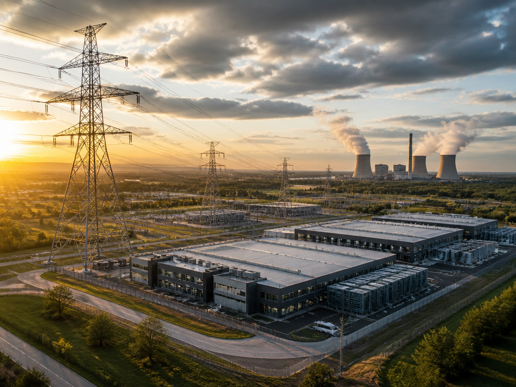 A sprawling modern data center situated at the base of towering high-voltage transmission lines…