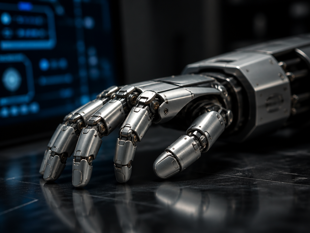 A close-up photorealistic shot of a humanoid robot's articulated metallic hand resting on a…