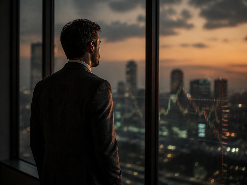 A pensive investor in a tailored charcoal blazer standing alone at a wide office…