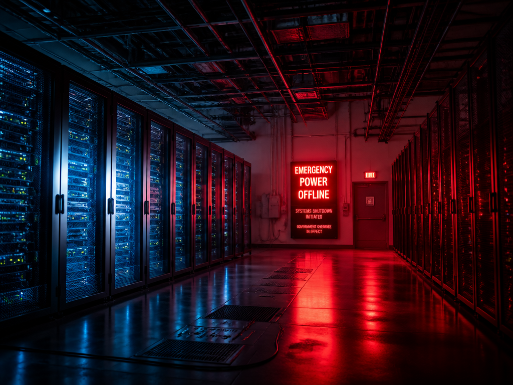 A dramatic wide-angle photograph of a dimly lit modern data center server room at…