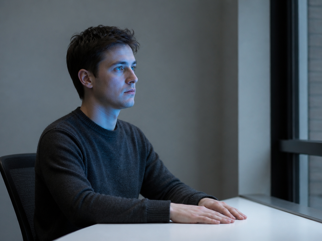 A photorealistic portrait of a job seeker seated alone at a minimalist desk near…