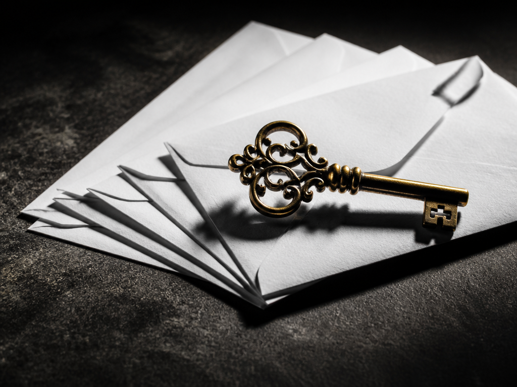 A conceptual still-life photograph of an ornate brass key resting on a stack of…