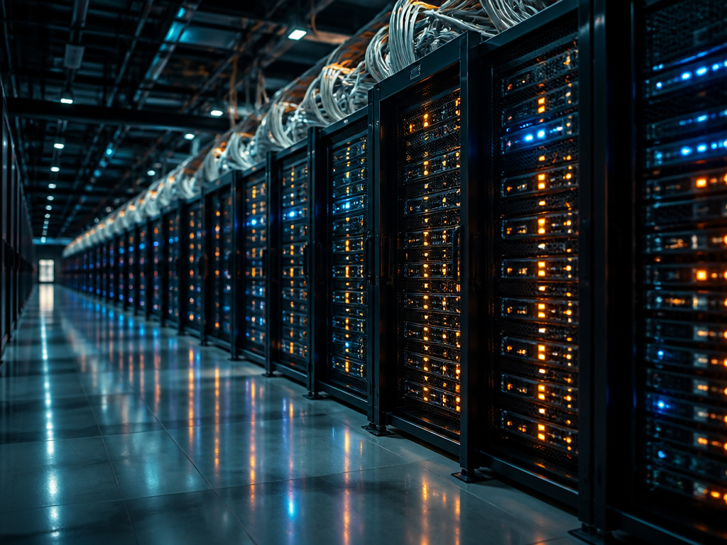 A vast modern data center interior photographed with a wide-angle lens, endless rows of…