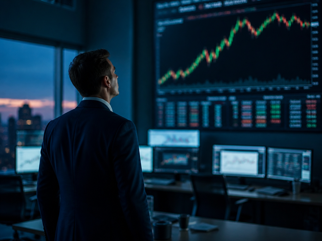 A lone businessman in a tailored navy suit standing in a dim financial trading…